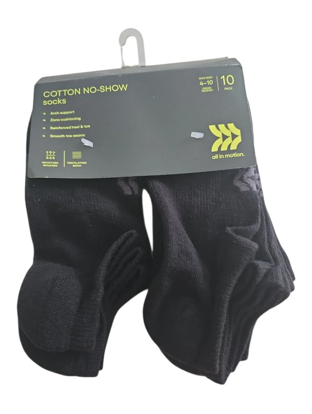 All in Motion Women's No Show Socks 10 Pack Black Size 4-10 Cotton NWT
